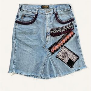 Vintage Reworked Timberland Upcycled Y2K Denim Embroidered Patchwork Skirt 12